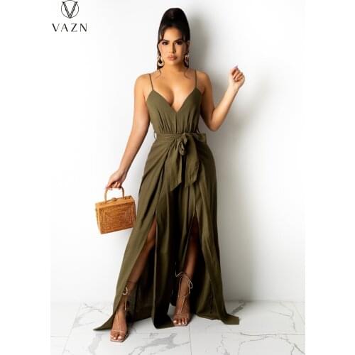 VAZN 2021 Hot List Deep V-neck Office Lady Sexy Sweet Young Simple Sleeveless Women Slim Long Wide Leg Jumpsuits
