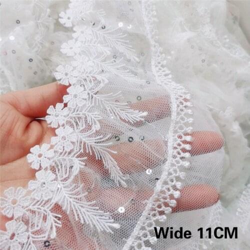 11CM Wide Double Layer White Lace Embroidery Tassel Glitter Mesh Lace Trim Applique DIY Clothing Sewing Decoration