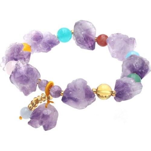 1pc Natural Stone Charms Purple Raw Crystal Elastic Bracelets Irregular Mineral Quartz Healing Reiki Jewelry Girl Gift 13*15
