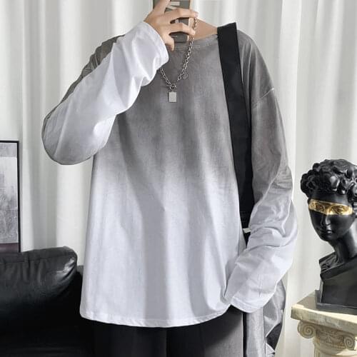 Long Sleeve T-shirt For Mens Tie-dye Gradient Color O-neck Loose Bottoming Shirt Four Seasons Male Clothes Ins Tops Tide Brand