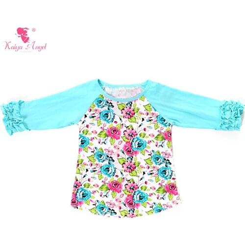 Kaiya Angel Icing Raglans Girls Shirt 3/4 Sleeve Ruffles Aqua Floral 2017 Children Tops Tees Kids Clothes Icing Raglan Shirts