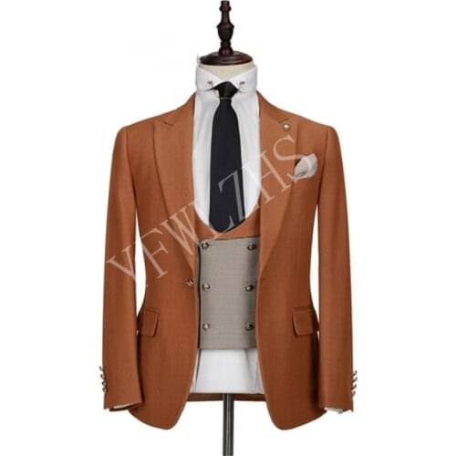 Handsome Groomsmen Peak Lapel Groom Tuxedos Mens Wedding Dress Man Jacket Blazer Prom Dinner (Jacket+Pants+Tie+Vest) A048