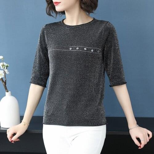 Summer Womens Knitted T-shirt Button Half Sleeve Round Collar Pure Color Top Female Casual Fashion Comfortable T-shirts H9331