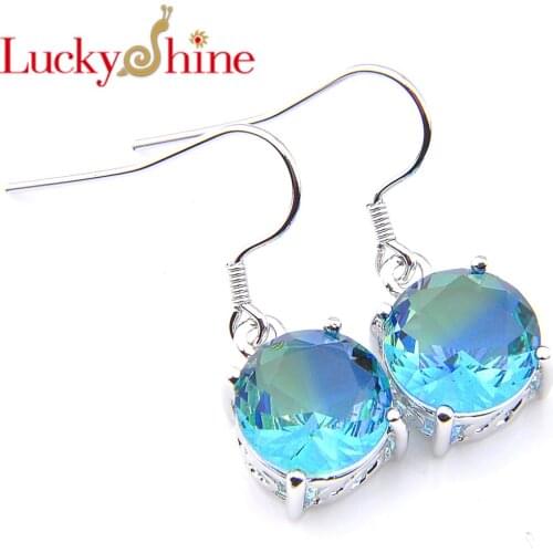 Luckyshine Classic Jewelry Round Blue Bi Colored Tourmaline Gems Silver Wedding Earrings Holiday Dangle Hook Earrings Fashion Ne