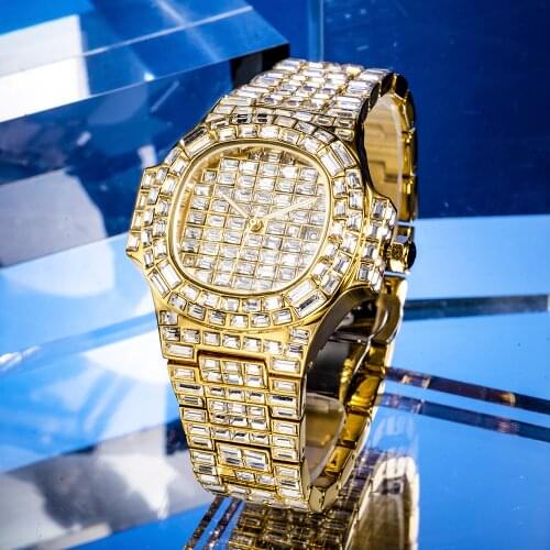 MISSFOX Hip Hop Baguette Diamond Mens Watches Top Brand Luxury Quartz Male Wrist Watch Man Bust Down Jewelry Relogio Masculino