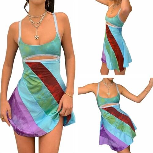Fashion Women Dress Casual Suspender Short Dress Casual Contrast Color U-Neck Hollow A-Line Dress
