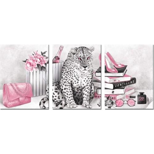 Fashion Pink Blush Art Leopard Books High Heel Shoes Perfume 3panels Canvas Can For Home Office Wall Decoration