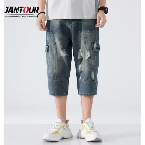 2021 Summer Jeans Shorts Mens Calf-Length Pants Men Fashion Denim Cargo Short Trousers Pocket Baggy Casual Male Plus Size 40 42