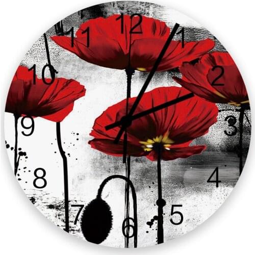 Ink Painting Poppy Red Flower Wall Clocks Home Decor Silent Wooden Digital Clock Modern Design Living Room Kitchen Decoration