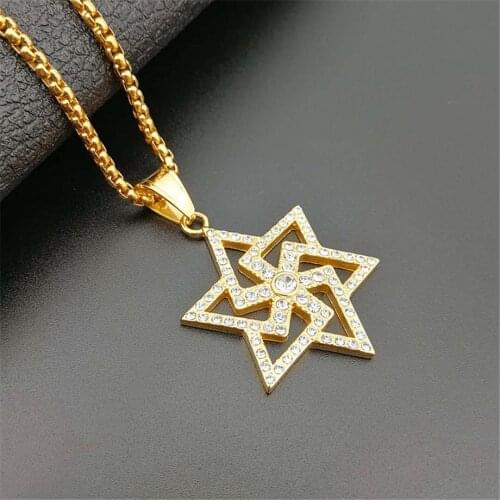 Hip Hop Iced Out Star of David Swastika Pendant Necklace For Women/Men Stainless Steel Jewish Buddhism Religious Jewelry