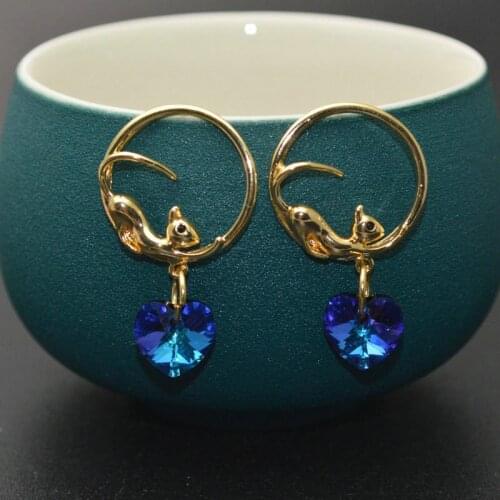 Mixed Color High Quality Rainbow Crystal Heart Stone Lovely Cat Gold Color Plaitng Dangle Earrings For Women Gift Jewelry 5pair