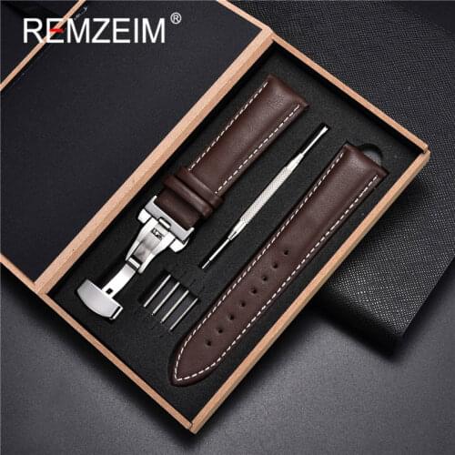 18mm 20mm 22mm 24mm Genuine Leather Watchband Black Brown Soft Calfskin Watch Strap Automatic Butterfly Clasp With Box