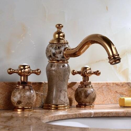 Luxury Rose gold Solid brass Marble stone dual handle Washbasin faucet European three holes lavatory Faucet Waterfall tap-3287