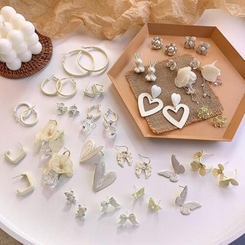 Minar Multiple Korean Style White Love Heart Flower Bowknot Butterfly Dangle Earring for Women Resin Bear Pearl Earring Jewelry