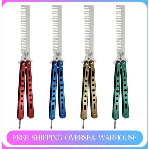 Outdoor Portable Camping Metal Folding Trainer Comb Stainless Steel Butterfly Knife Safety Trainer Styling Tool