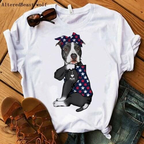 Pit Bull Mom Tshirt Women Summer Harajuku I Love Mom American flag Bandana Print T-shirt Funny Short Sleeve dog T Shirt Clothes