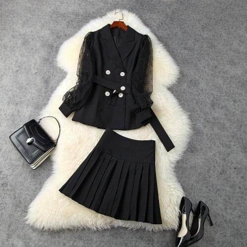 European and American womens clothing 2020 autumn new style Lace long - sleeved double - breasted jacket Pleated skirt suit