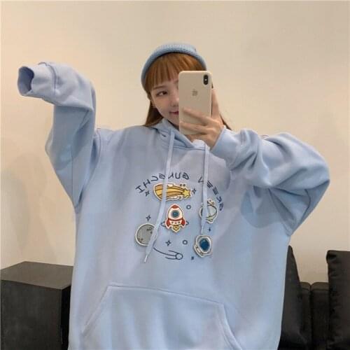 Za 2020 New Harajuku Oversize Sweatshirt Cosmic Meteor Spaceship Rocket Hooded Autumn Winter Clothes Women Fun Hoodies Loose Top