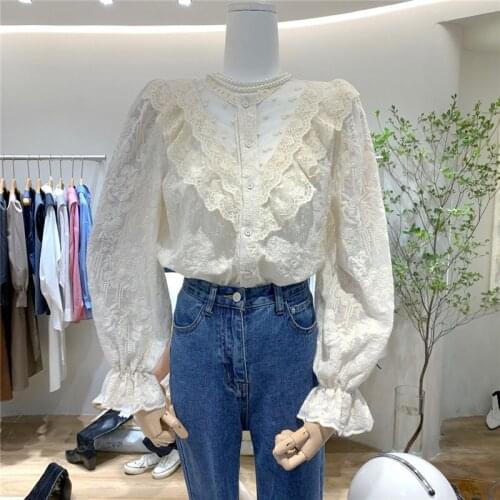 Mori Girl Lolita Vintage Bohemian Hippie Boho Sweet Cotton Linen Lace Embroidered Ruffle Flare Sleeve Women Shirt Blouse Top