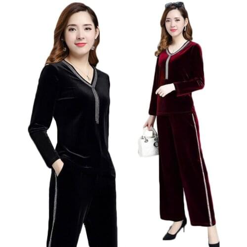 Middle-aged Women Gold Velvet Pants Suit 2021Spring Casual Sportswear Set Large Size Female Velvet Tracksuits Plus Size 4XL 214