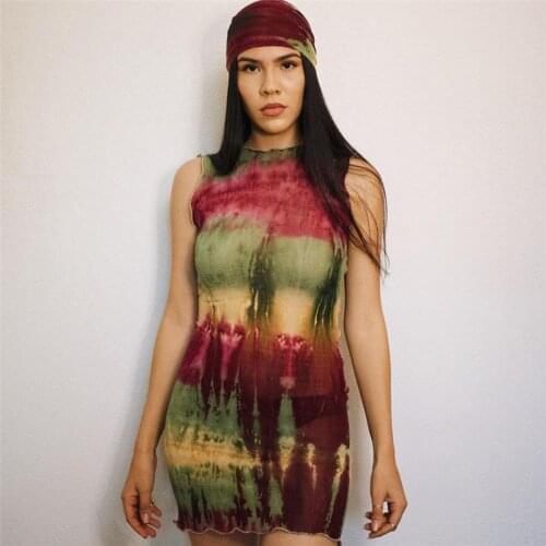 Women Summer Sleeveless Mesh See Through Bodycon Printed Package Hip Mini Dress Sundress 2021 Female Clothing Streetwear