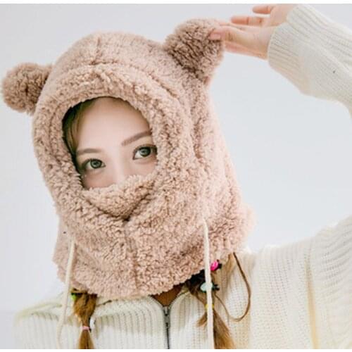 Winter Lamb Head Scarf Hat Mask Three-piece Panda Hat Three-In-One Warm Hat, Female New
