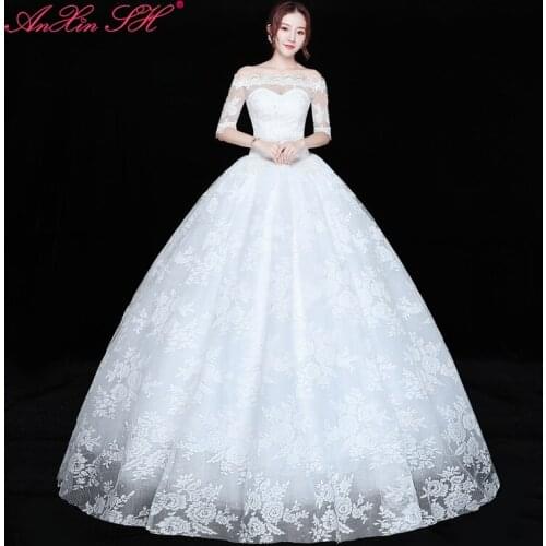 AXJFU luxury princess rose flower lace white wedding dress vintage boat neck half sleeve turkey bride white wedding dress