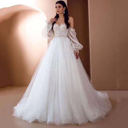 Glitter Tulle Vintage Wedding Dress Abiti Da Sposa Puff Long Sleeve Bride Dresses 2021 Lace Princess Boho Wedding Gown Plus Size