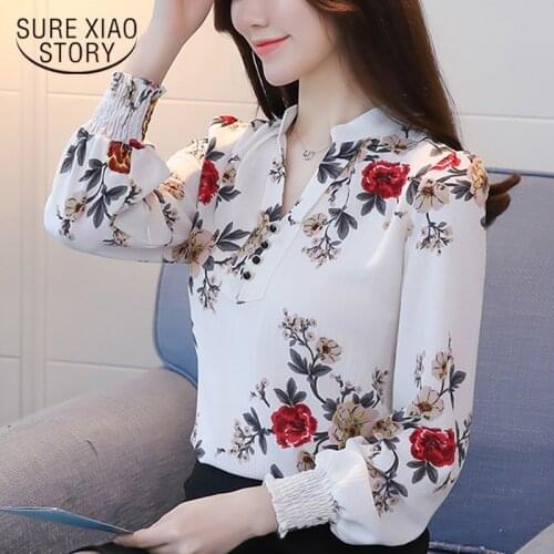 Autumn Office Lady Women Tops and Blouses White Elegant Office Lady Floral Printing V Neck Long Sleeve Pullovers Blouse 6140 50