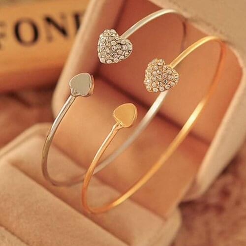 New Fashion Adjustable Crystal Double Heart Bow Bilezik Cuff Opening Bracelet For Women Jewelry Gift Mujer Pulseras