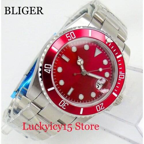BLIGER Brand Top Quality Sterile Red Dial Automatic Mens Watch With Date Magnifier Mental Strap Bracelet Clasp