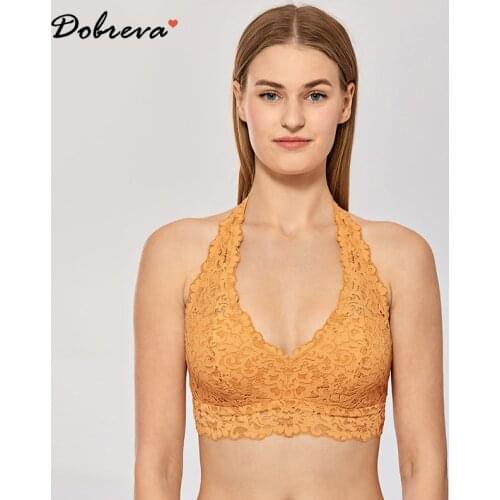 DOBREVA Womens Lace Neck Halter Bralette Pullover Lightly Lined Wireless Bra
