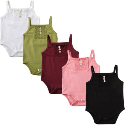 Infant Baby Boys Girls Straps Sleeve Button Rompers Jumpsuits Plain One Piece Sunsuits Summer Baby Clothing 0-18 Months