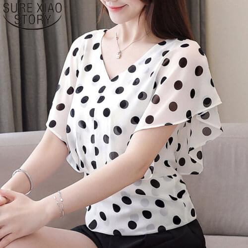 Korean Fashion Clothing 2021 Ladies Tops White Shirt Blouse Short Ruffles Polka Dot V-Neck Shirts Chiffon Blouse 3097 50