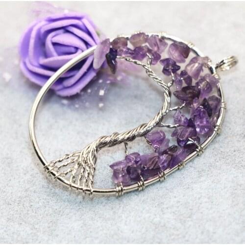 Fashion handmade purple crystal gravel oval egg pendant 37*54mm stone fit diy long chain women silver-color jewelry B3040
