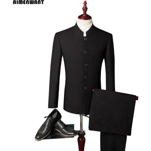 AIMENWANT 4XL Men Plus Size Zhongshan Suit Black Slim Fit Chinese Tunic Suit With Pants Male Chinese Traditional Wedding Blazer