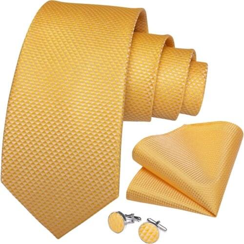 Men Tie Yellow Solid Silk Wedding Tie for Men Handky cufflink Gift Tie Set DiBanGu Designer Party Business Fashion SJT-7288