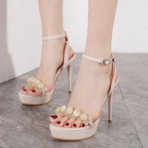 New Summer Women High Heels Wedding Party Sandals Open Toe Ankle Strap Chunky Heels String Bead Platform Sandals Shoes hy180