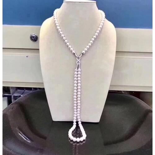 Charming 2row 9-10mm round white pearl necklace 18"-19"