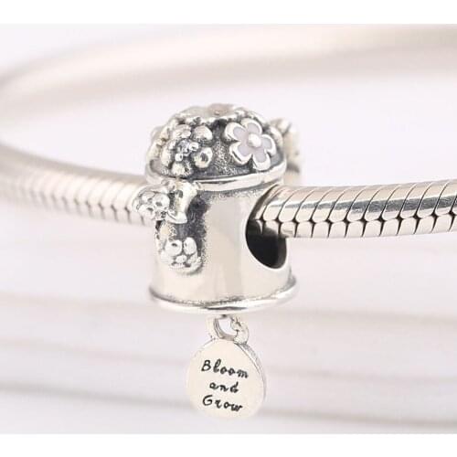 Authentic S925 Silver Enamel Blooming Watering Can With Crystal Bead Charm fit Lady Bracelet Bangle DIY Jewelry