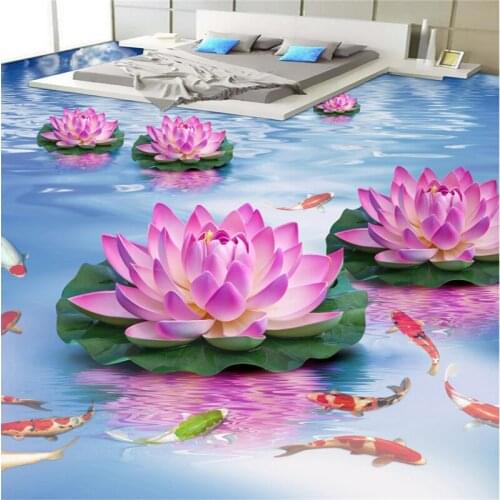 Wellyu Custom large-scale mural pvc floor wallpaper beautiful lotus water carp anti-skid toilet living room bedroom 3D floor
