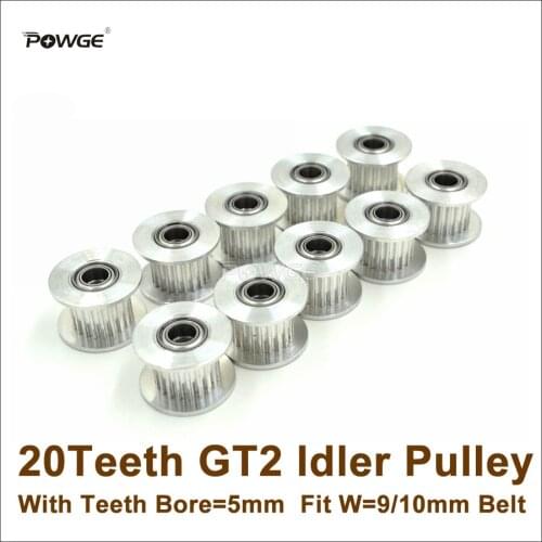 POWGE 10pcs 20 Teeth 2GT Idler Pulley Bore 5mm With Teeth For W=9/10mm GT2 2M Belt 20T 20Teeth GT2 Passive Pulley With Bearing