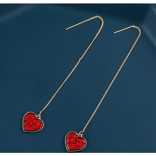Origin Summer Fashion Red White Color Long Love Heart Tassel Earrings for Women French Bling Bling Rhinestone Party Jewelry