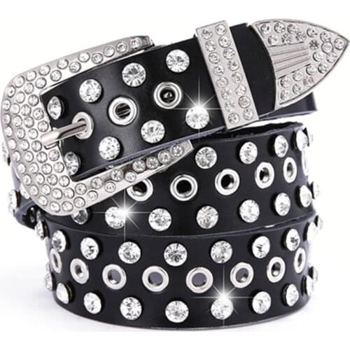 Women Belts Cow Genuine Leather Luxury Rhinestone Strap Black Genuine Leather Dress Jeans Waistband Wild Wide Belts Size 110cm