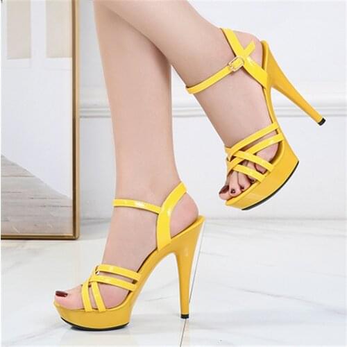 Women Steel Tube Dancing Striptease Walking Show Sandals Model High-Heeled 13cm Platform Overlapping Belt Wedding Shoes Female
