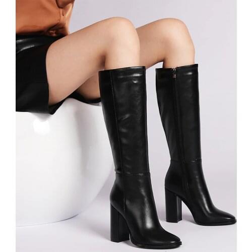 Knee-High Boots Winter Fashion Shoes Women Black White Red Thick Heel Hot Elegant Lady Footwear High Heel Motorcycle Boot ZT80L