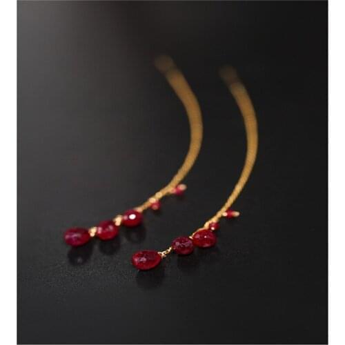 DAIMI Faceted Ruby Tassel Earline Female Day Genuine Yellow 18K Gold Long Earring Gift