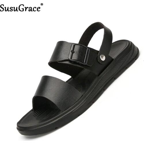 Susugrace Casual Men Sandals Leather Shoes for Men for Summer Casual Non-slip Male Sandals Outdoor Breathable Hot Sale Plus Size