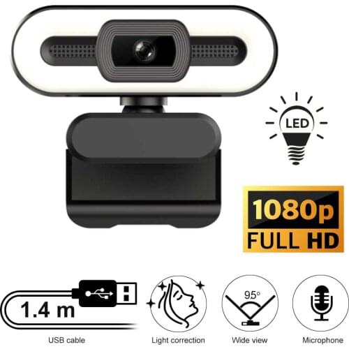 Web Camera Full HD Cam With USB Connector, LED Light, Microphone for Skype, MS Teams, Zoom, Home Office, Video Chat, Conference