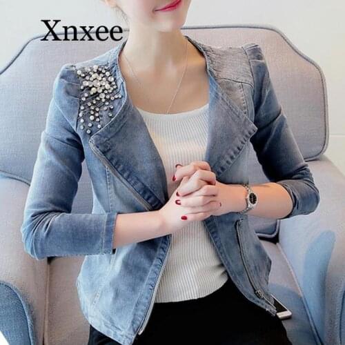 Women Denim Jackets short Slim Pearl Bead Zipper Jeans Coat Female Elegant Office Short Coat Zipper Turn Down Collar Casual